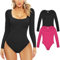 Xnova Body Donna Bodysuit a Costine Elasticizzate Body Donna Elegante con Collo a U Manica Lunga Casuale Shapewear Tops Tinta Unita Vita Quotidiana 2PC Rosa + Nero,S