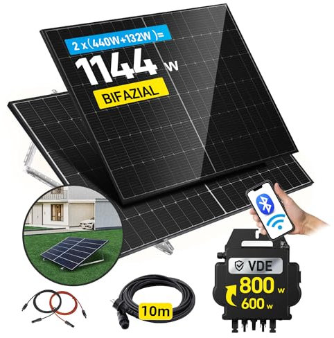 ALLDREI® 880W Balkonkraftwerk mit Halterung Flachdach/Garten, 2x440W Bifazialer Glas Solarpanel, Balkonkraftwerk 800W komplett Steckdose, Wechselrichter 800W mit Wifi&BT, 10M Kabel