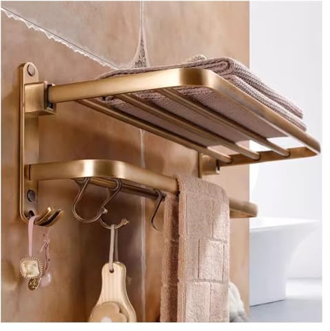 Porte-serviettes en bronze antique pour toilettes de salle de bain, porte-serviettes mural avec barre à serviettes et crochets, étagère à serviettes pliable, porte-serviettes en aluminium antirouill