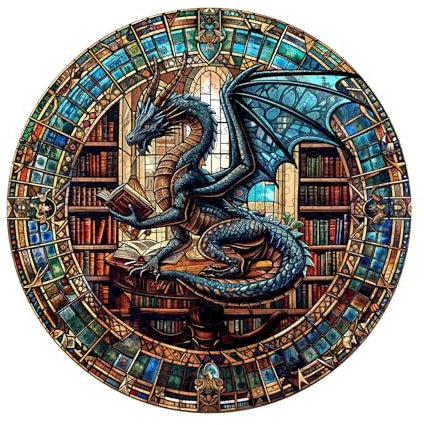 Wooden Puzzles for Adults, 300pcs Dragon Library Wooden Jigsaw Puzzles for Adults, Unique Animal Shape Puzzles with Wood Box, 34x34cm Wooden Puzzle for Family Game and Birthday Gifts