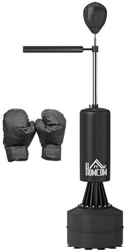 HOMCOM Sac de Frappe sur Pieds Punching Ball brunier 3 en 1 avec Ballon de Vitesse Bras Flexible Rotatif Hauteur réglable revêtement synthétique Base HDPE dim. 88L x 48l x 155-205H cm Noir