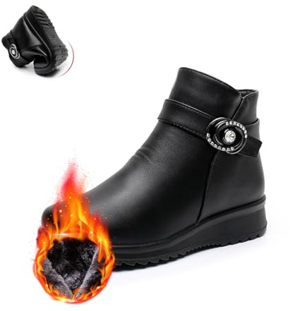 POIOZXD Stivali ortopedici da donna in vera pelle con fibbia in metallo, invernali, caldi, antiscivolo, foderati in peluche, con cerniera laterale