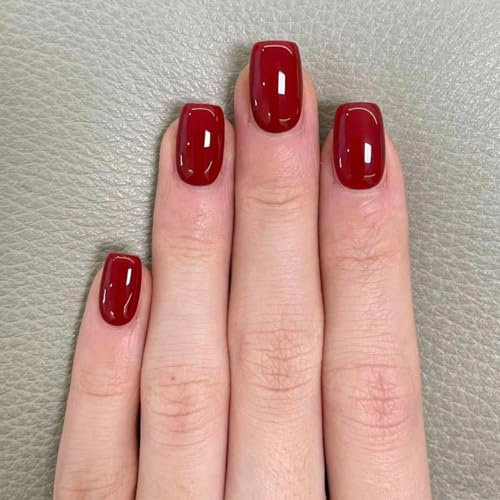 DMQ Wine Red False Nails - 24Pcs Press On Nails with Glue, Square Tips for Christmas Women Girls Nail Art Accessories