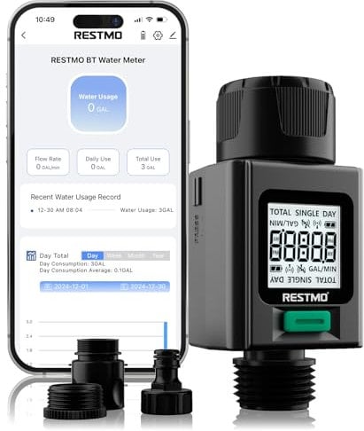 RESTMO Intelligenter Wasserzähler mit Bildschirmbeleuchtung, Messung Gallone/Liter Verbrauch & Durchflussrate, ideal für Gartenbewässerung Sprinkler & Gartenbrause - APP Control Connection