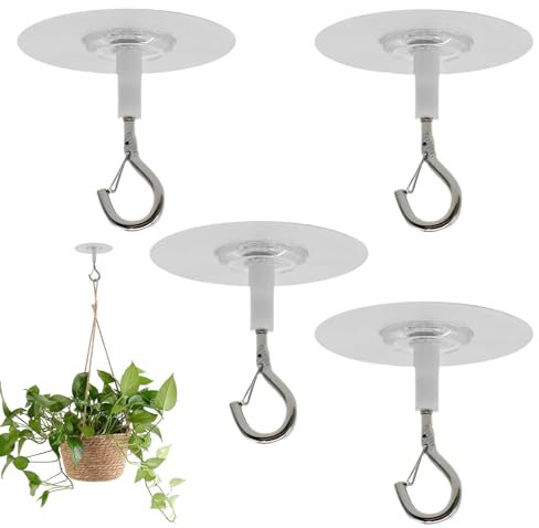 Qianeffort Metal, PVC Ceiling Hooks, 4 Pack, Heavy Duty Self-Adhesive, Ideal for Hanging Plants, Lights, Decorations