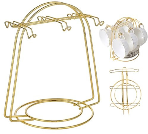 Peosaard Tea Cup Holder, Cup and Saucer Display Stand Hold 6 Cups, Tea Cup Display Stand, Gold Metal Coffee Mug Organizer Wirth Handle for Kitchen, Tea Cup Holder Display Stand