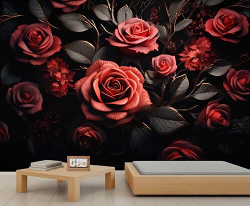 YXQAIED Red Rose Wallpaper for Living Room, Retro Roses Wall Mural, Retro American Flowers Wallpaper, Renter Friendly Removable Non-Woven Photo Wall Paper 3D, 100x70cm
