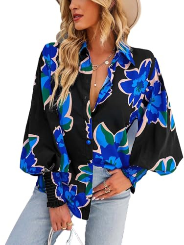 VHUQGVU Blusa a Cuadros para Mujer de Manga Larga con Cuello en V túnica Holgada Elegante Informal,Negro,M