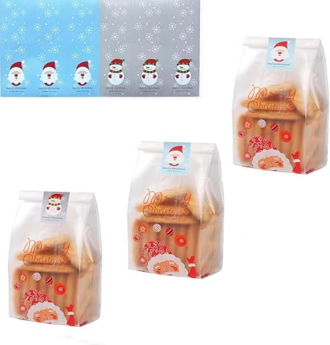 50 Stück Partytüte Candy Set Tüten Geschenktütchen Candybag Süssigkeiten Cookie Beutel,Kunststoff Gunst Taschen für Hochzeitstag Geburtstag Weihnachten 54 Blatt Weihnachtsdekoration Aufkleber