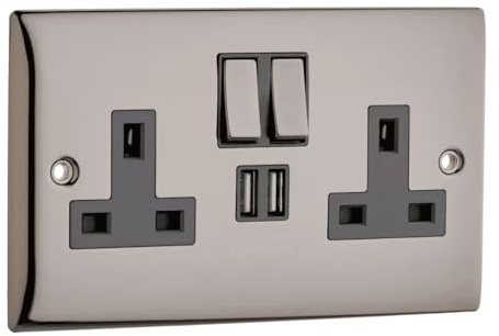 Britelite Double Plug Socket with 2 USB Ports, Black Nickel, 13A | Integrated USB charging ports; type g UK wall outlet; black nickel finish type g 13A outlet; wall hardware for home décor.