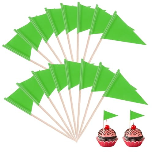 100 Stück Flaggen Zahnstocher Fähnchen Spieße Fähnchen Grün Flaggenpicker Zahnstocher Cocktail Flagge Papier Fahne Dreieckige Grün Zahnstocherflaggen Papierfähnchen für Cupcake Stäbchen Party Pub Deko