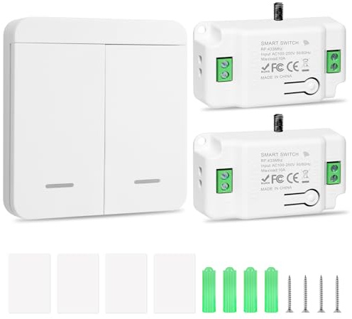Juego de interruptores inalámbricos de 230 V, 10 A, con receptor, sin cableado, 433 MHz, interruptor inalámbrico para lámparas de salón, cocina, baño y sótano (1 interruptor doble y 2 receptores)
