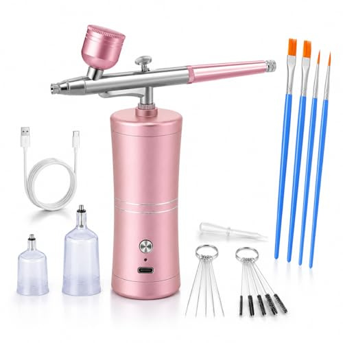 Uadme Kit Aerografo con Compressore, Professionale Aerografo Unghie, Aerografos per Modellismo, Pittura Artistica, Decorazione di Torte, Trucco, Idratazione di Bellezza (Rosa)
