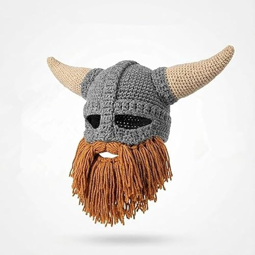 QJDFLL Karneval Wikingerhelm mit gestricktem Bart, lustiges Kostümaccessoire für Damen und Herren, handgehäkelte Wollmütze mit Hörnern für Fasching Weihnachtsfeiern und Rollenspiele(Brown,58cm)