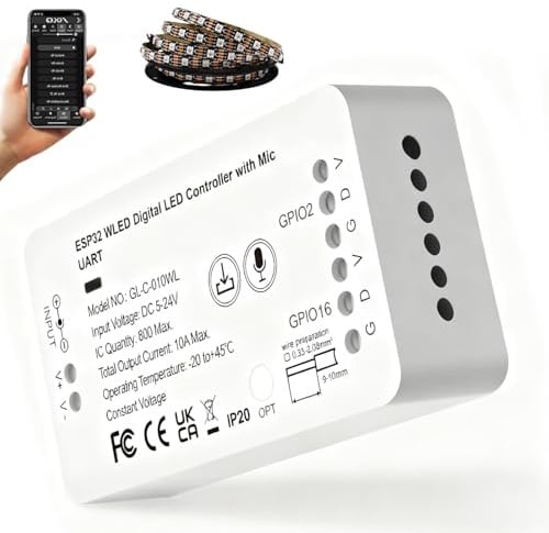Wled Controller, Digital LED Strip Light Controller con funzione MIC, WLED Controller ESP32 DC5-24 V, WLED Strip Controller per Addressable Strip WS2811 2812B 2813 2815/GS8208/SM16703P/SK6812 /TM1814