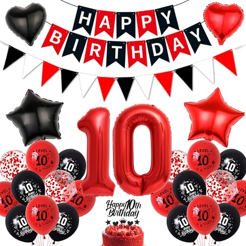 10. Geburtstag Junge Luftballons Schwarz Rot - Happy Birthday Banner Wimpel Girlande XXL Zahlenballons Konfetti Luftballons Tortendeko, Herzen Sterne Folienballon für Mädchen 10. Geburtstagsdeko