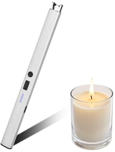 Kasanni Feuerzeug Elektrisch, Lichtbogen Feuerzeug, Stabfeuerzeug USB Aufladbar, Stabfeuerzeug mit Doppeltem Versicherungsschalter, für Kerzen Anzünden, Gasherd, Küche (Silber)