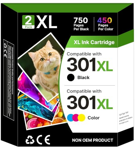 Gureef 301 Ink Cartridges XL Combo Pack Remanufactured for HP 301XL Ink Cartridges Black and Colour HP 301 XL for Envy 4500 5530 5532 4507 4502 DeskJet 2540 2544 OfficeJet 4630 Printer Ink(2-Pack)