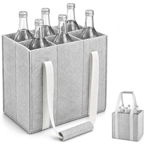 Huanmin Flaschentasche Filz, Flaschenträger mit Griff, Faltbare Flaschenkorb, Flaschentasche 6 Flaschen 1,5L, Getränketasche für Wein, Getränke, Bierträger, Weinflaschen, Bottle, Grau
