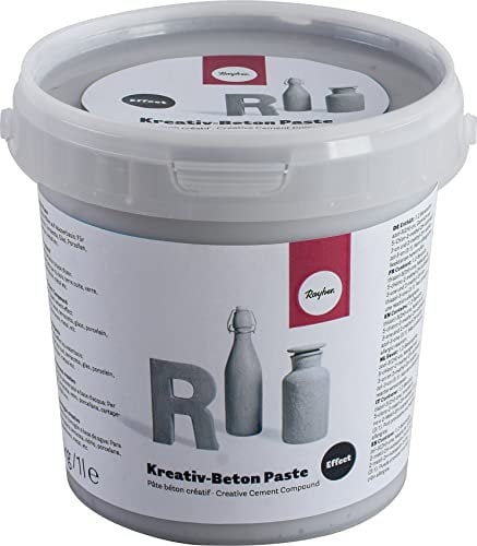 Rayher 34328000 Kreativ-Beton Paste, Eimer 1,4 kg (1.000 ml), Betongrau, auf Wasserbasis, Betonpaste für innen und außen