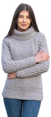 SAOL 100% Merino Wool Irish Fisherman Knitted Funnel Neck Ladies Long Loose Fit Sweater Jumper (Grey, X-Large)