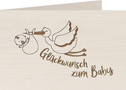 myZirbe Holzkarte - Glückwunsch zum Baby Storch - 100% handmade in Österreich - Postkarte, Geschenkkarte, Grußkarte, Klappkarte, Karte, Einladung, Holzart:Ahorn