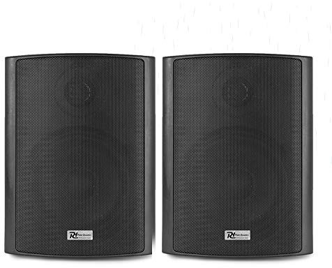 Power Dynamics Wall Mount Bluetooth Speakers Pair Weatherproof IPX5 Outdoor Patio Garden Sound System with Built-in Amplifier, Stereo Audio, AUX Input, Mounting Brackets Included - Black