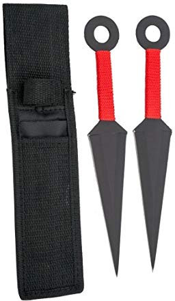 KOSxBO® 2er Naruto Wurfmesser Kunai 23,5 cm - Throwing Knife - schnelles Werfen Messer schwarz rot - Trainingsmesser - Gürtelmesser - Hunting Knife - Anime Naruto inklusive Holster aus Nylon