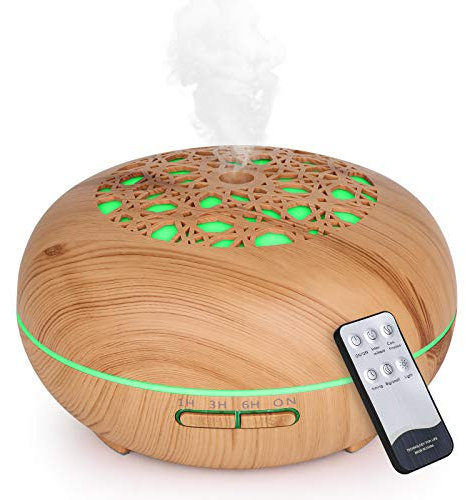 WD&CD Aroma Diffuser Luftbefeuchter 550ml mit Fernbedienung, Ultraschall Vernebler Duftlampe Öle Diffusor mit 7 Farben LED Wasserlose Abschaltautomatik - Leichte Holzmaserung