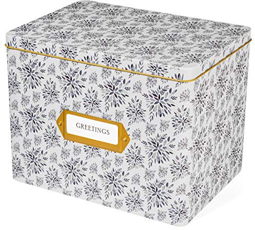 Jot & Mark Greeting Card Organizer Box Set | Decorative Recipe Tin Box, Tab Dividers, Matching Greeting Cards and Envelopes (Indigo Leaves)