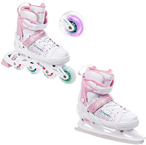 RAVEN 2in1 Schlittschuhe Inline Skates Inliner für Kinder Mädchen verstellbar (ROSI, 28-32 (18,5cm-21cm))