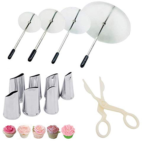 Cake Decorating Tool Kit, 7pcs Stainless Steel Icing Piping Nozzle Tips, 4pcs Cake Flower Nail and 1 Flower Lifters for Cake Fondant Cupcake