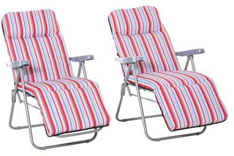 Outsunny Reclining Garden Chair Set of 2, 5-Level Adjustable Red Stripe | Zero Gravity Chairs, Cushions, Folding Sun Lounger Recliner, Armrests, for Outdoor, Patio