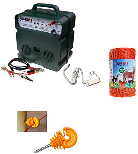 Recinto elettrico Kit con 1 Elettrificatore a doppia alimentazione 12V / 220V + 1 Filo 500 MT 4 Mm² + 100 pezzi isolatori per paletti in legno - Recinzione Elettrica per cavalli mucche cinghiali