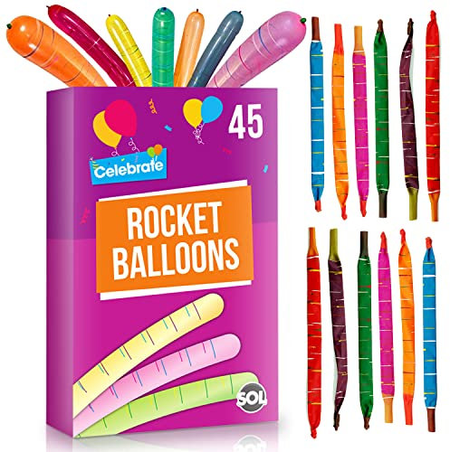 SOL 45pk Rocket Balloons, Assorted Colours Flying Whistling Party Bag Fillers for Kids, Durable Latex, Noisy Screaming, Perfect for Parties, Loot Bags, and Fun Activities