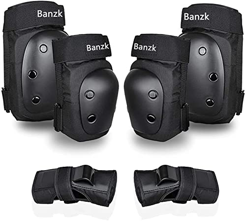Banzk Ginocchiere per adulti/bambini, gomitiere e polsiere 3 in 1, set di protezioni per skateboard, pattini a rotelle, ciclismo, sport all'aria aperta, colore nero, taglia M