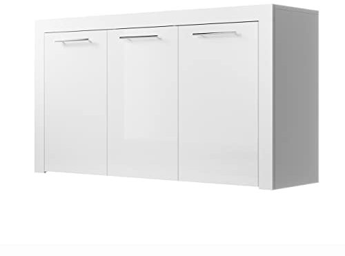 MB Muebles Bonitos, Buffet Nelia pour Salon et Salle à Manger avec Poignées en Métal, Meuble en Mélamine Brillante, Couleur Blanc, 144x80x42 cm