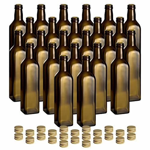 gouveo 24er Set Glasflaschen 500 ml Maraska -Antik- mit Schraubverschluss goldfarben - Farbige Flasche 0,5 l zum Befüllen - Likörflasche, Ölflasche, Essigflasche (MFEA500G)