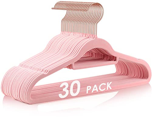 DUDUCOFU Grucce in feltro antiscivolo, confezione da 30 grucce in velluto rosa, salvaspazio, sottili, con gancio girevole a 360 gradi, per cappotti, giacche, pantaloni e vestiti