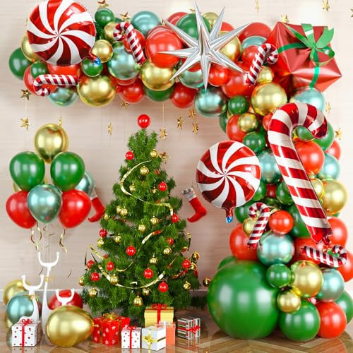 Weihnachten Luftballon Girlande, 106 Stück Weihnachten Ballon Girlande mit Rot Grün Gold Metallic Ballons, Zuckerstangen Explodieren Stern Geschenkbox Folienballons für Geburtstag Neujahr Dekoration