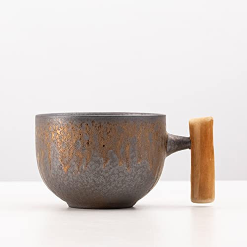 thumbgeek Japanische Vintage-Kaffeetasse mit Holzgriff, Retro-Keramikbecher mit großem Fassungsvermögen, 550 ml (Grau C)