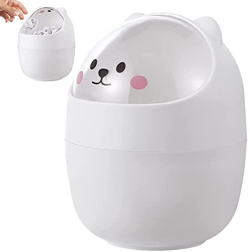 Kleiner Bär Katze Tisch Mülleimer mit Schwingdeckel, Nette Mini Desktop Mülleimer Bär Tier Abfall Korb mit Deckel Abfalleimer Mülleimer Tiere Papierkorb für Büro Kaffee Tisch Küche, weiß