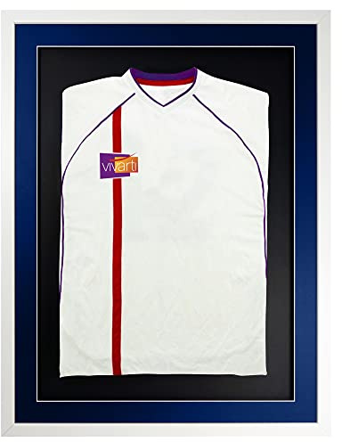 Vivarti DIY Adult 3D Mounted Sports Shirt Display Frame for Football Shirt, Rugby Shirt, Band T-Shirt Shadow Box - 60 x 80cm - White Frame, Blue Mount, Black Backing Card