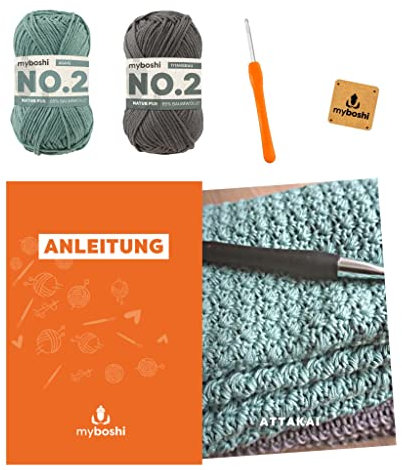 myboshi Häkelset Decke Attakai, inkl. No.2-Wolle, Häkelnadel, Anleitung und original Label in Lederoptik, 85% Baumwolle, 15% Kapok, Grün mit Häkelnadel