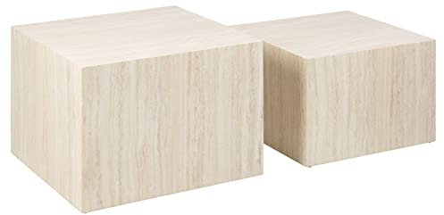 AC Design Furniture Dicte Quadratischer Couchtisch 2er-Set, Beige mit Travertinoptik, Eleganter Wohnzimmertisch, Beistelltisch für Wohnzimmer, B: 58 x H: 40 x T: 58 cm und B: 50 x H: 33 x T: 50 cm