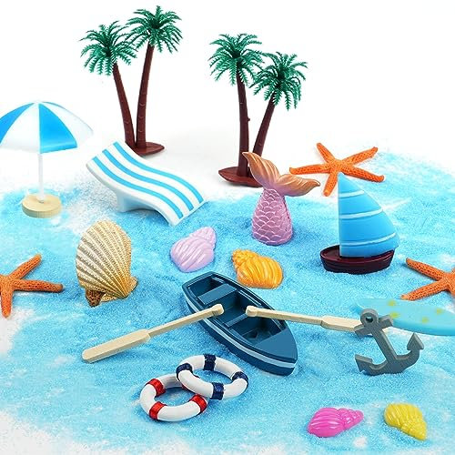 OFFCUP Beach Micro Landscape, 26Pcs Miniature Decorations, Mini Beach Decorations Mini Deck Chair Beach Chair Parasol Small Palm Tree Decorative Accessories for DIY Zen Garden Decoration Unique Gift
