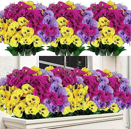 Weldomcor Kunstblumen für Außen, UV-Beständige Künstliche Blumen Deko, Sträucher Pflanzen Blumenstrauß Künstlich für Garten Veranda Balkon Innenhof Fenster Box Dekorieren (Gelb, Lila, Rosen rot, 9PCS)