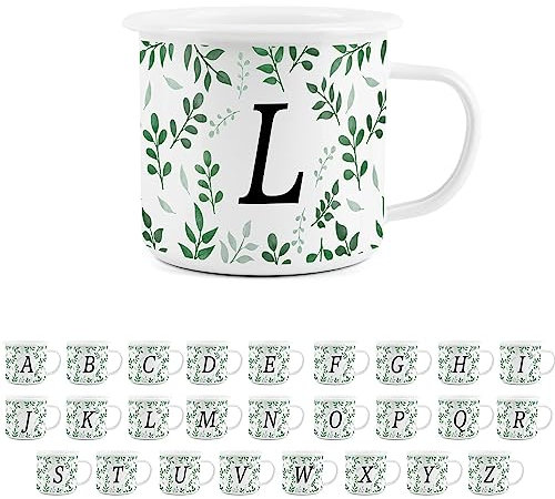 Foliage Letter L Mug -White Initial Personalised Alphabet Novelty Durable Hot Drinks Outdoor Cup for Travel Picnics Home Hiking
