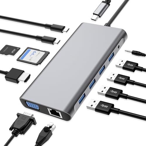 USB C HUB, 12 in 1 USB C Adapter Docking Station mit 4K-HDMI, VGA, 3*USB 2.0, USB3.0, USB C Data, PD3.0, Ethernet RJ45 Port, SD/TF, 3.5mm AUX, Kompatibel für MacBook Pro/Air, Mehr Type C Geräte