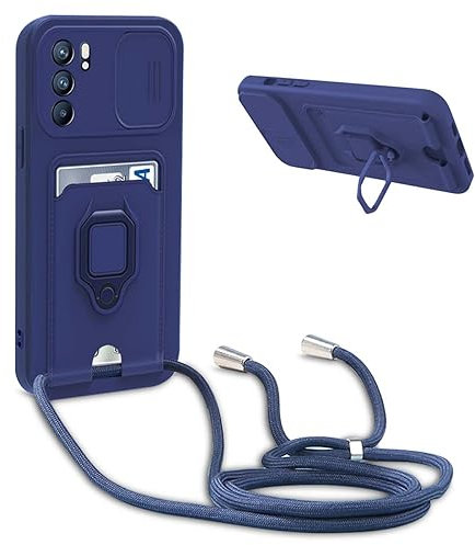 BGHHEU Coque avec Cordon pour Oppo Reno 6 5G,Collier pour Étui Colliers de cellulaire Réglable Corde Silicone Souple Case,Protection de la Caméra,Support,Porte Cartes - Bleu